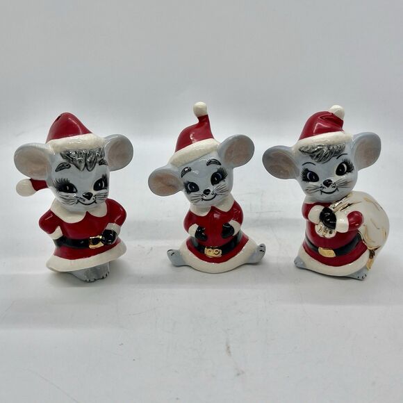Vintage Hand Painted Ceramic Three Santa Mice Figurine Ornaments 3” Christmas - Picture 1 of 10